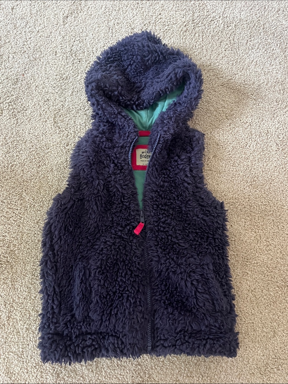 Mini Boden Navy Hooded Sherpa Vest with Teal Lining